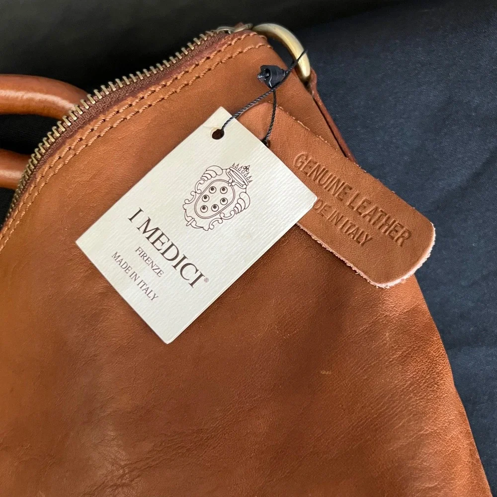 I Medici Firenze Genuine Leather Hobo Shoulder Bag‎ Tan Brown Double Zip Top